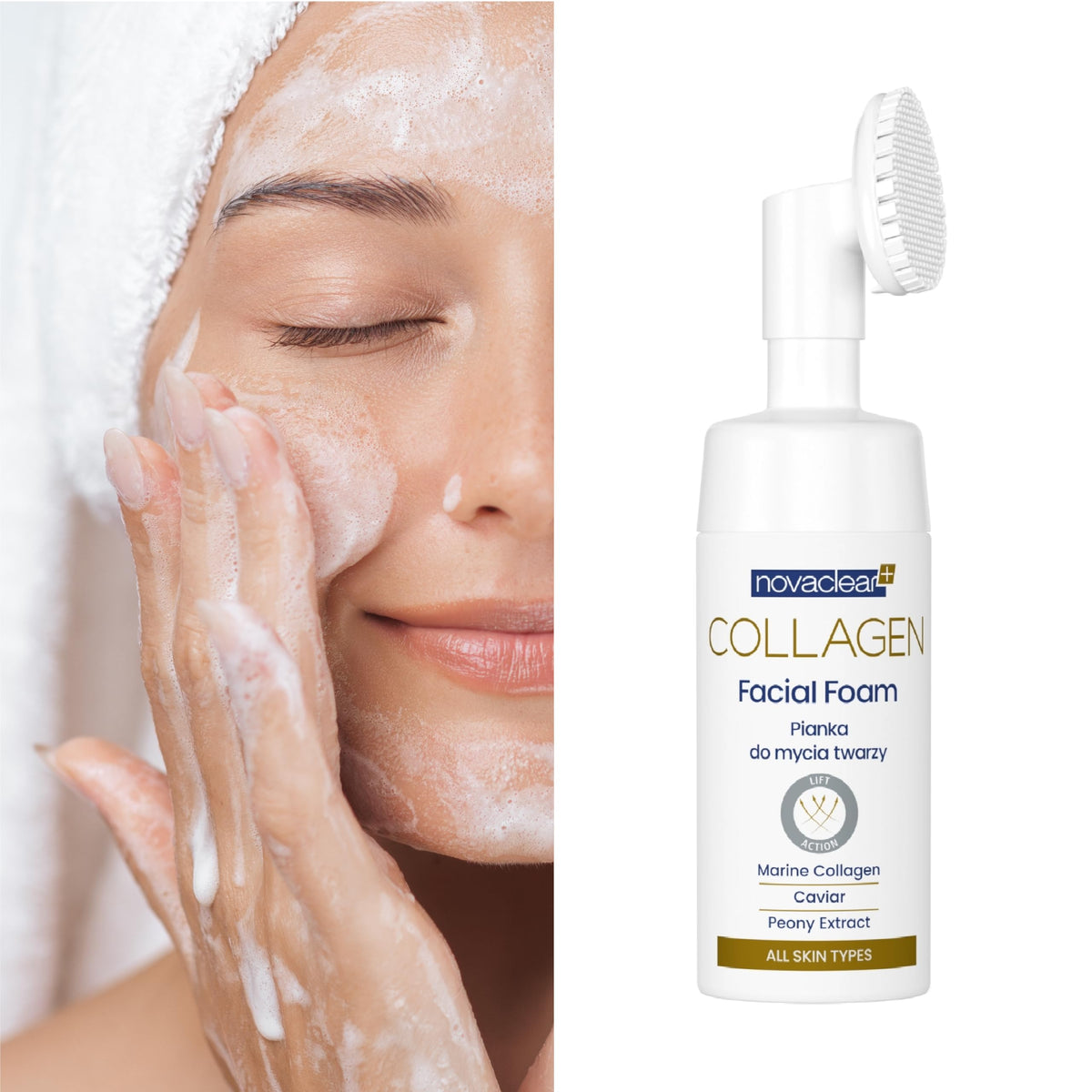 Novaclear Collagen Facial Foam – Anti-Aging Face Wash with Marine Collagen, Caviar & Botanical Extracts for Firmness – Silicone Brush for Deep Cleansing, Exfoliation & Microcirculation – 100 ML