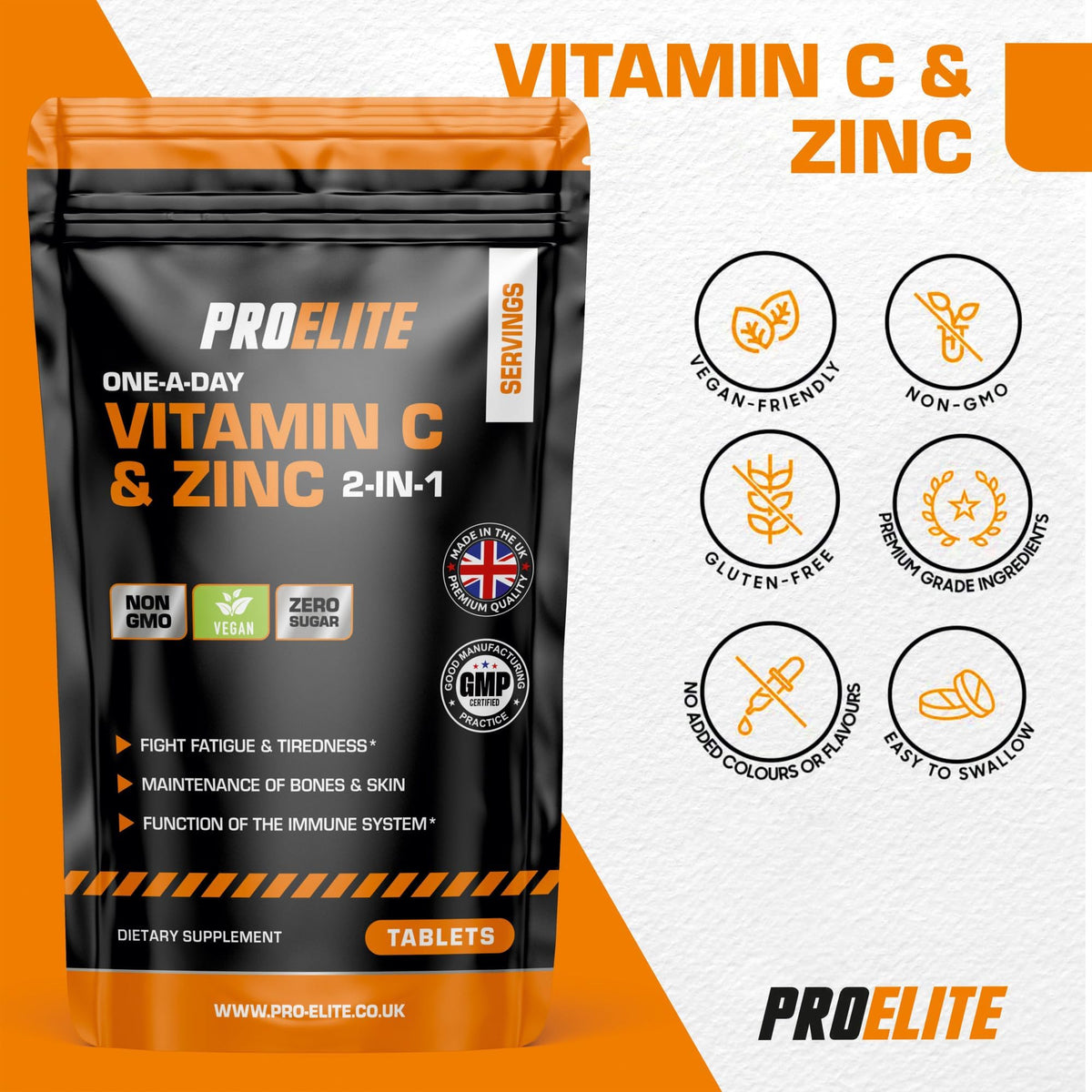 Vitamin C and Zinc 360 Tablets Vegan - Ascorbic Acid with Added Zinc - Maintenance of Normal Immune System - High Strength Vitamin C & zinc Capsule & Powder Alternative by PROELITE
