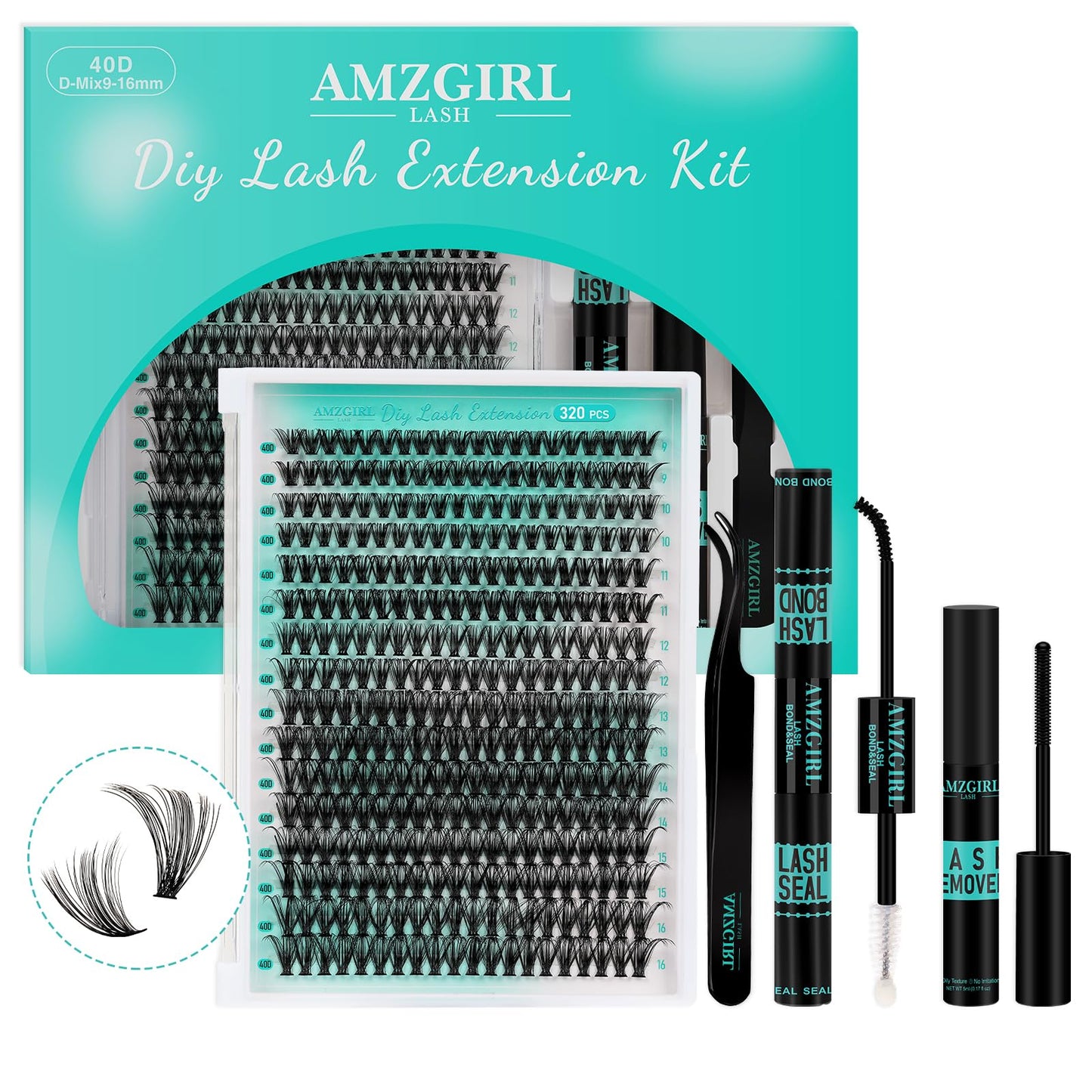 AMZGIRL LASH Lash Extension Kit 320Pcs,DIY Individual Lashes Clusters Kit,Lash Bond And Seal,Lash Remover For Eyelashes Extensions,Lash Applicator Tool For False Eyelash Cluster Kit At Home(40D,D-Mix9-16mm Kit)