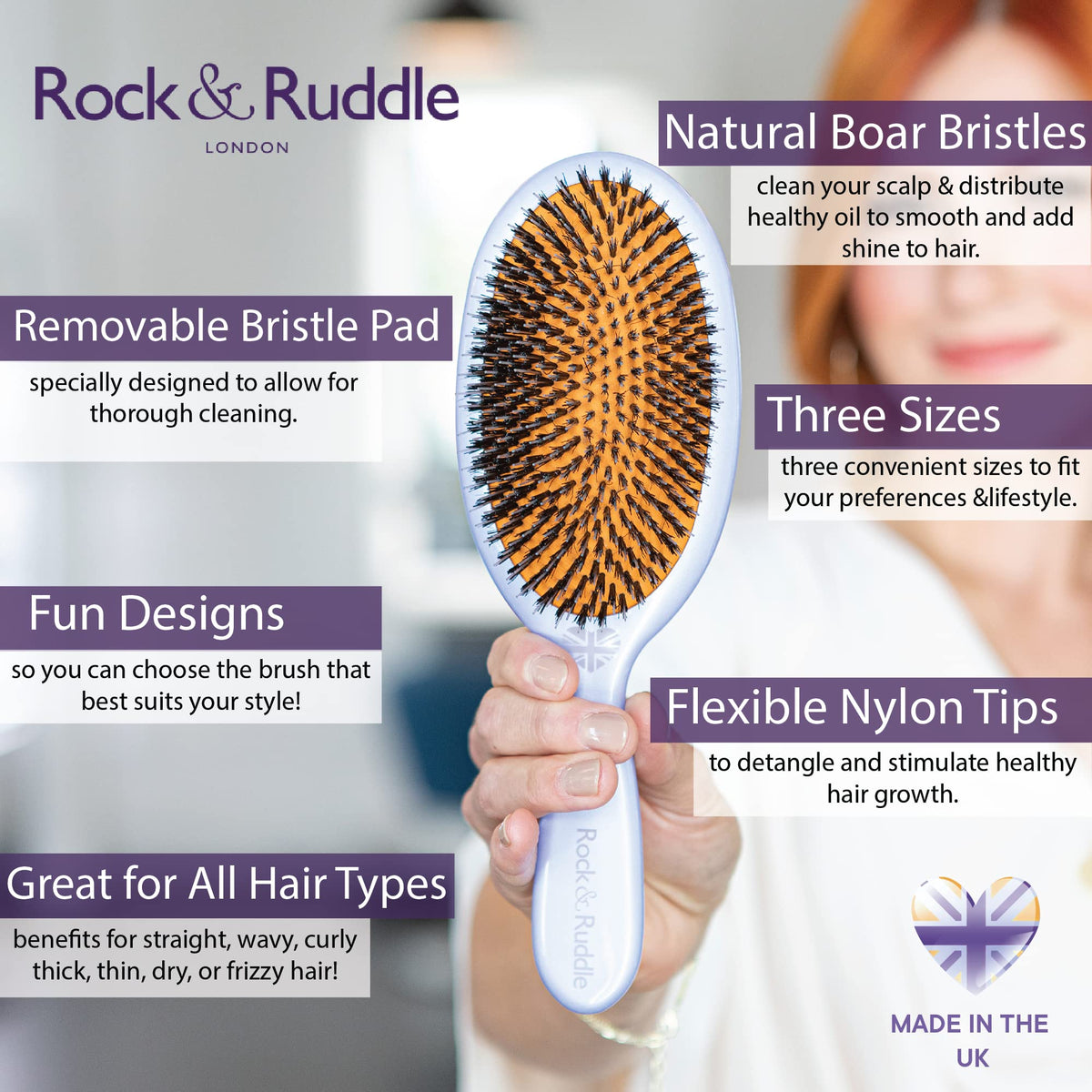 Rock & Ruddle Natural Mixed Boar Bristle Hair Brush for Women and Kids (Small/Travel Size, 17.5cm) - Perfect for Wet or Dry Hair, Detangling Smoothing Blowdrying - Made in UK - Wild Design