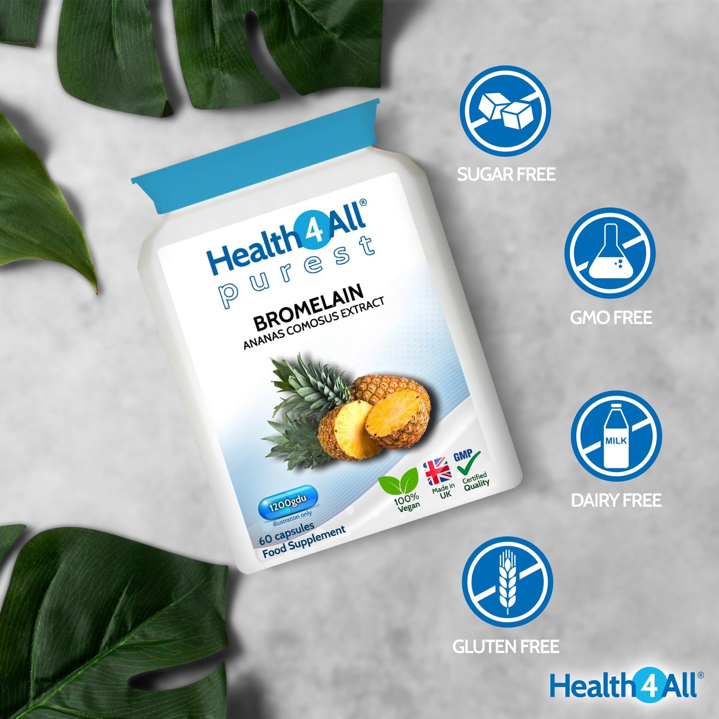 Bromelain 2500 GDU/g High Strength 1200 Units per Capsule for Inflammation, Swelling & Recovery 60 Vegan Capsules Pure Pineapple Enzyme Supplement for Digestion Support UK Made - Health4All