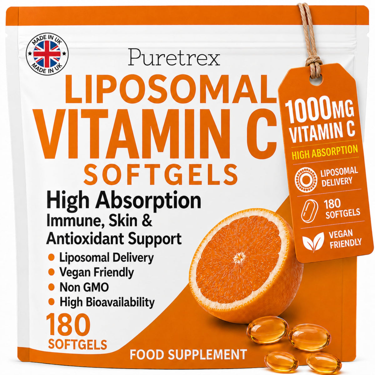 Puretrex PURETREX Liposomal Vitamin C 1000mg Softgels, Clean Non GMO, 180 Softgels