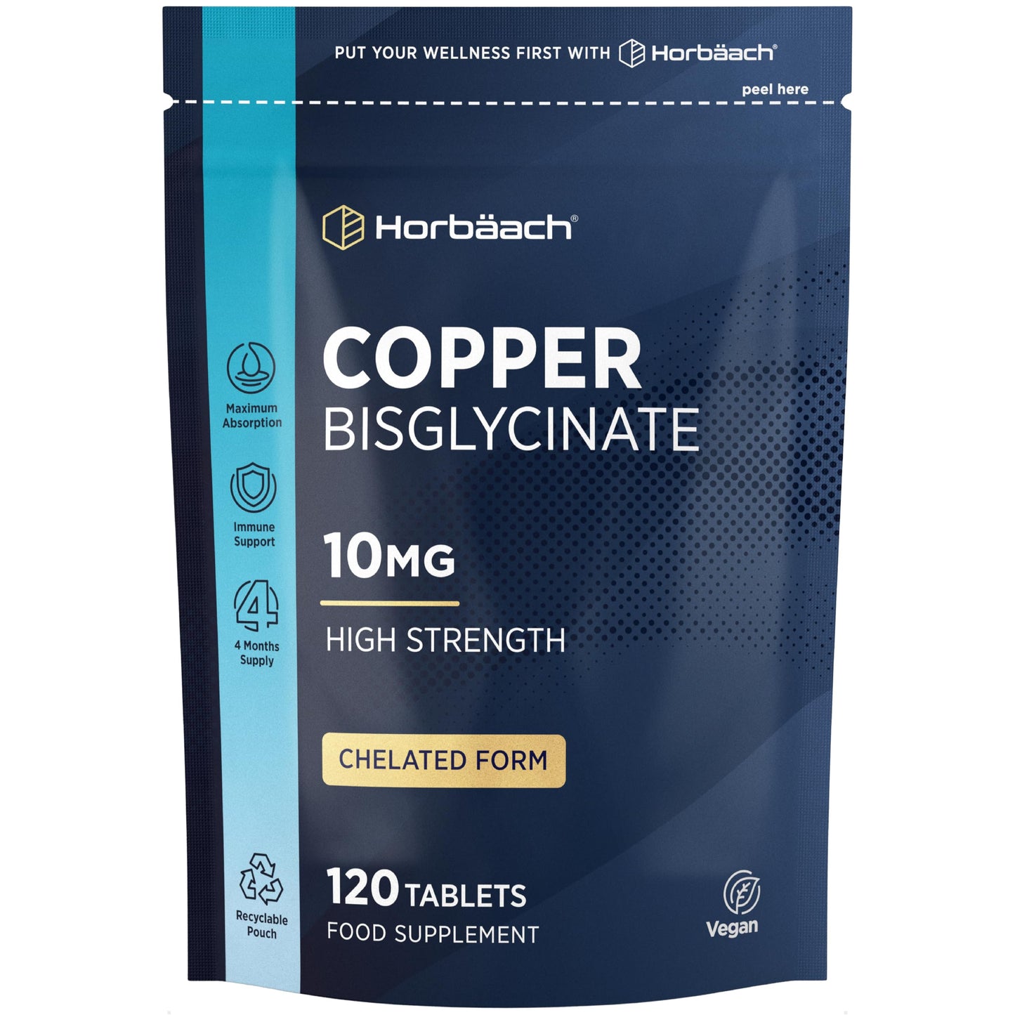 Horbäach Copper Bisglycinate 10mg | Chelated Form | High Strength Copper Supplement | 120 Vegan Tablets | by Horbaach