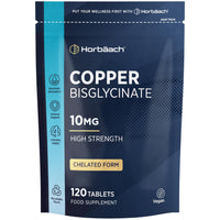 Horbäach Copper Bisglycinate 10mg | Chelated Form | High Strength Copper Supplement | 120 Vegan Tablets | by Horbaach