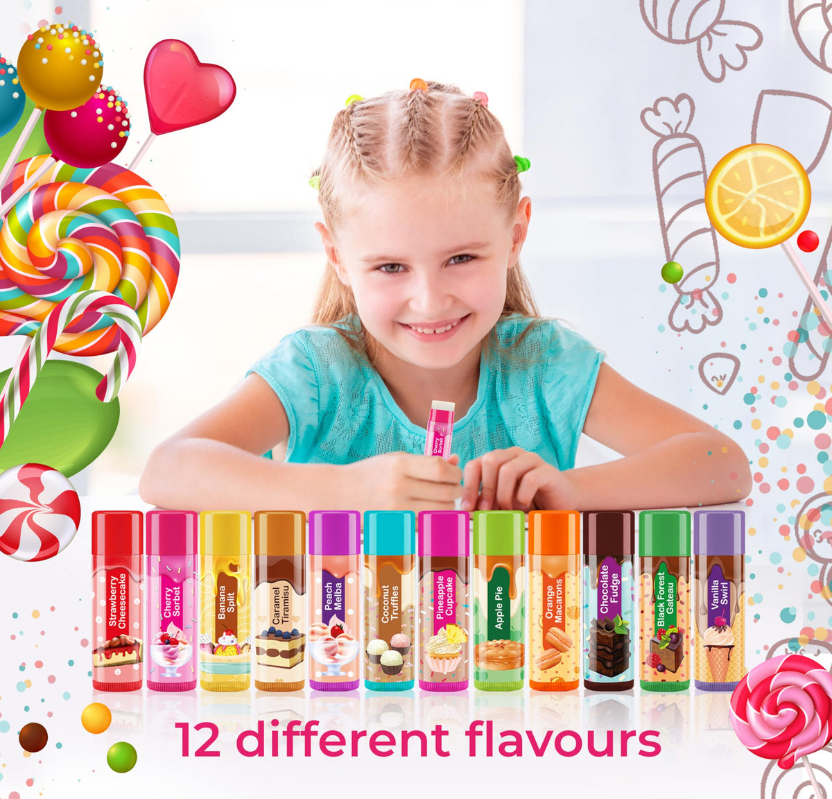 Beauty4Britain Kids Lip Balm Set Sweet Shop - 12 Different Dessert Flavours, Beeswax & Coconut Oil, Colourless, for Girls and Boys