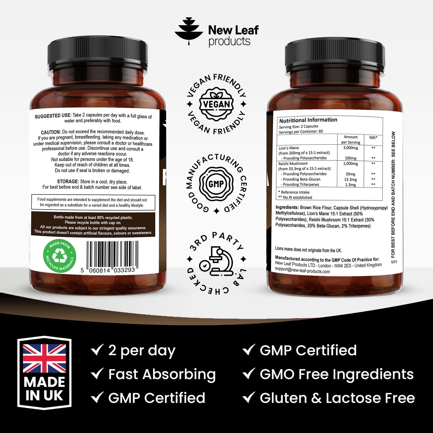 Lions Mane & Reishi Mushroom Capsules - High Strength 4000mg Lions Mane Supplement with Reishi - 120 Vegan Lions Mane Mushroom Powder + Reishi Mushroom Capsules - Made in UK by New Leaf