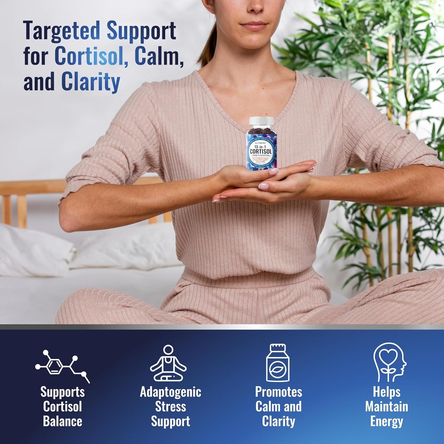 Cortisol Gummies for Women Men, 13-in-1 High Cortisol Reducer with Ashwagandha Magnesium L-theanine Rhodiola Rosea - Vegan Sugar Free, 60 Count