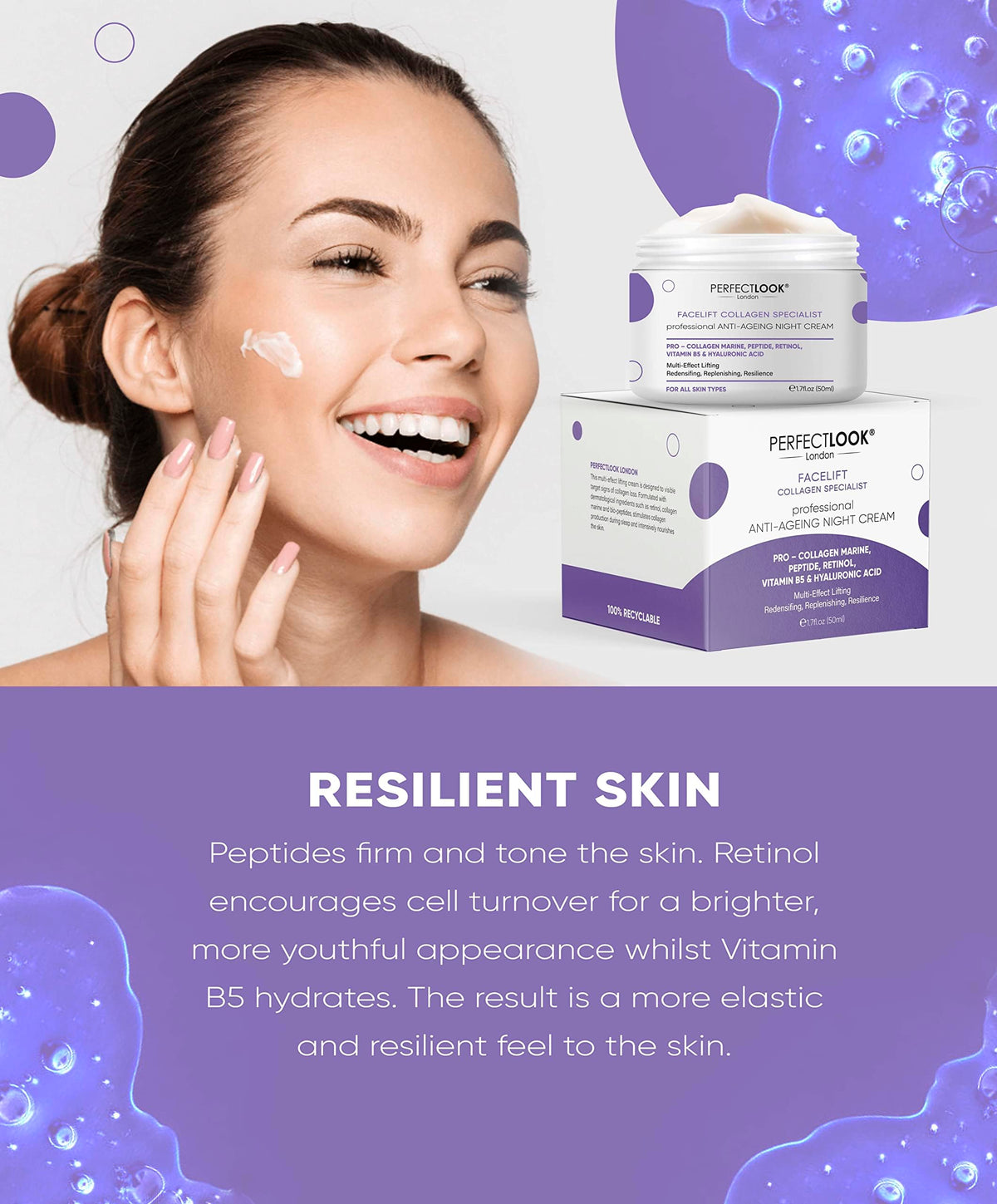 PERFECT LOOK LONDON Perfect Look London Collagen Specialist Night Face Cream with 0.3% Retinol, Collagen Marine, Peptide, Hyaluronic Acid and Vitamin B5, Firm and Tone, Anti Wrinkle Cream 50ml