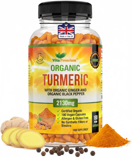VitaPremium Turmeric and Black Pepper Capsules for Anti-Inflammatory and Joint Pain Relief - 180 Organic Capsules - High Strength Turmeric Curcumin Supplement with Added Black Pepper and Ginger - Made in UK