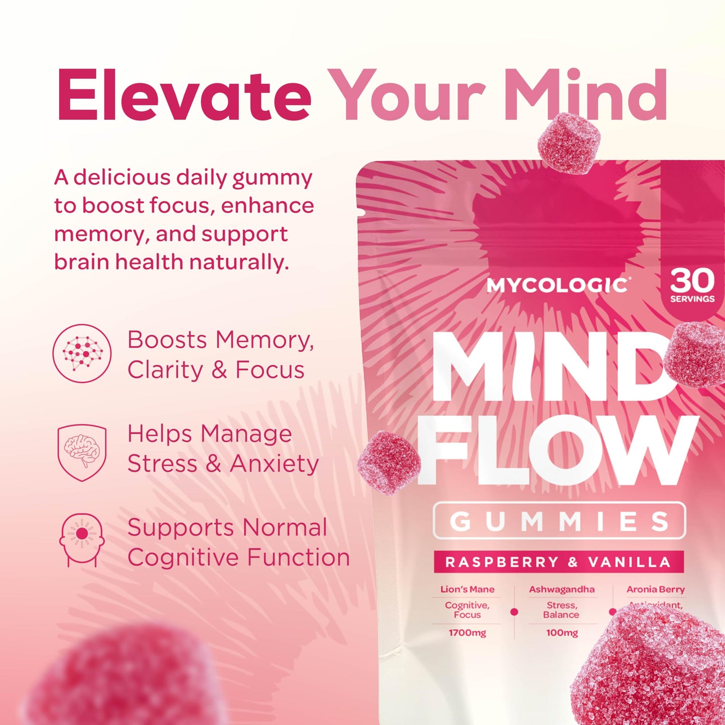 MYCO LOGIC Mycologic Mind Flow Lion's Mane Gummies for Adults, 30 Servings - Natural Clarity & Focus Gummies with Ashwagandha & Aronia Berry - Raspberry & Vanilla Flavour Brain Boost Supplement - 1 Month Supply