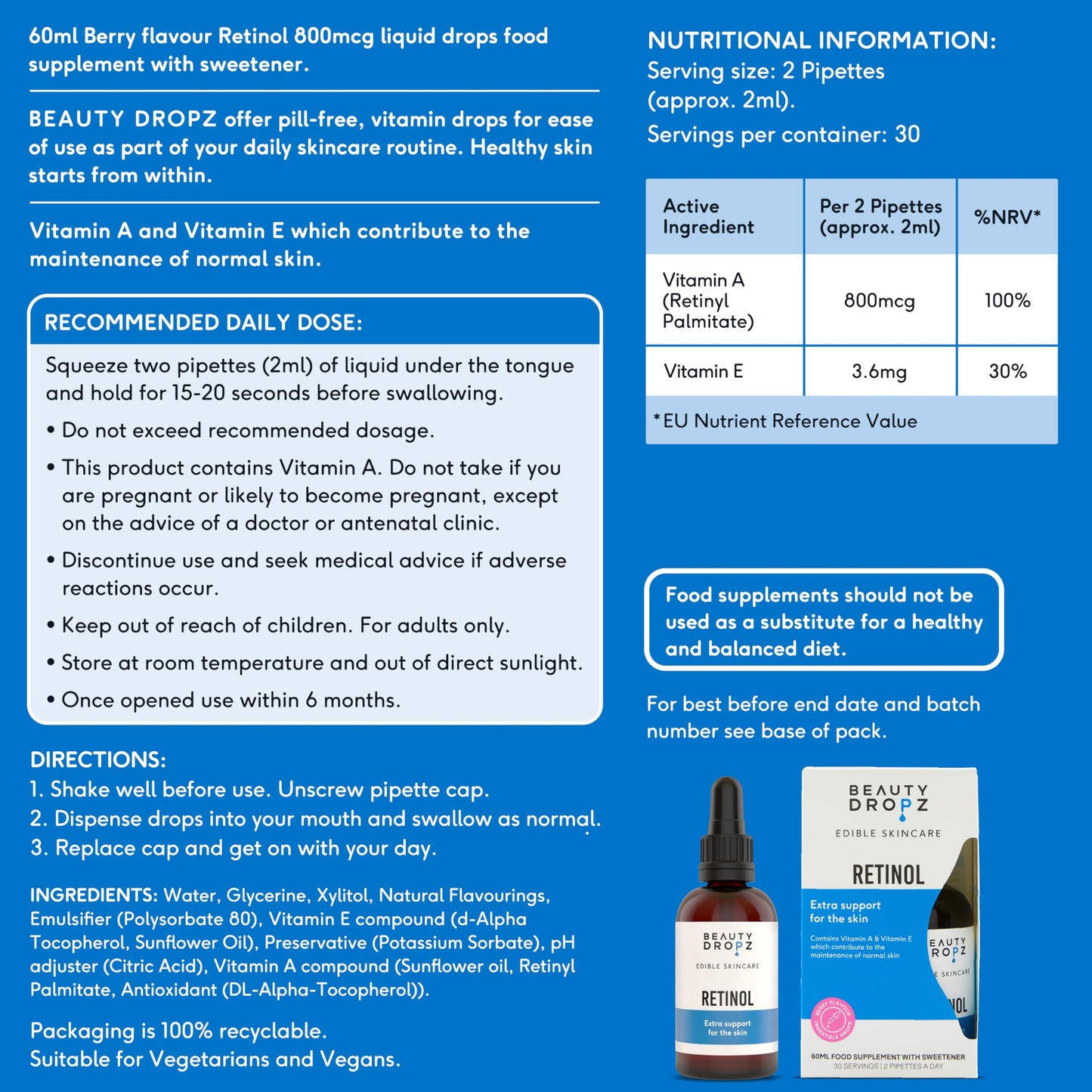 Beauty Dropz Retinol Oral Skin Care Drops – Fine Line Reduction – Vitamin A (Retinyl) – Youthful Glow – Vitamin E/Vegan Liquid Supplement for Radiant Skin – Berry Flavour – 60ml