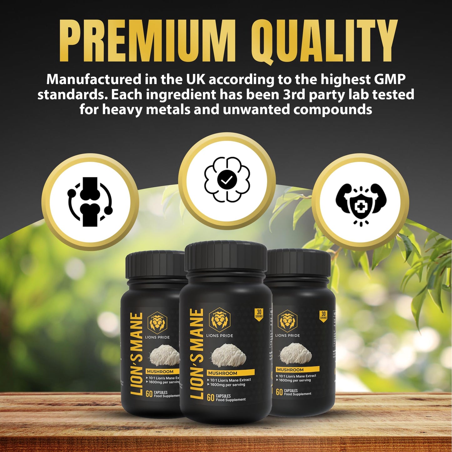 Lion's Pride Lions Pride Lions Mane Capsules, Food Supplement 10:1 Extract, High Strength Mushroom Powder, 60 Capsules