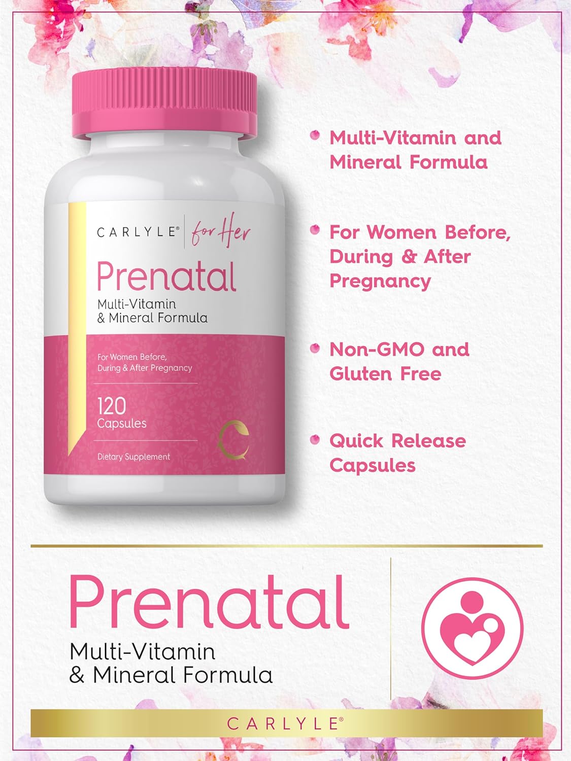 Carlyle Prenatal Vitamins for Women | 120 Capsules | Multivitamin and Mineral Formula with Folic Acid | Non-GMO and Gluten Free Supplement | for Her