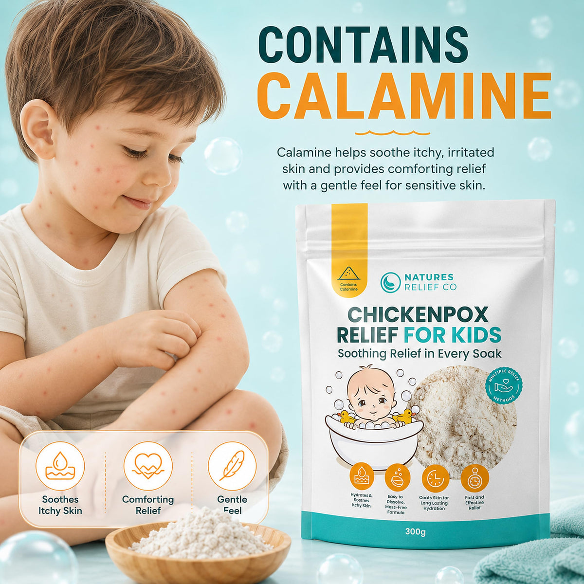 Natures Relief Co Chickenpox Relief Treatment | Colloidal Oatmeal & Calamine | Oatmeal Bath Soak for Chicken Pox Relief Kids - Colloidal Oats Bath for Itchy Skin| Made in UK | 300g