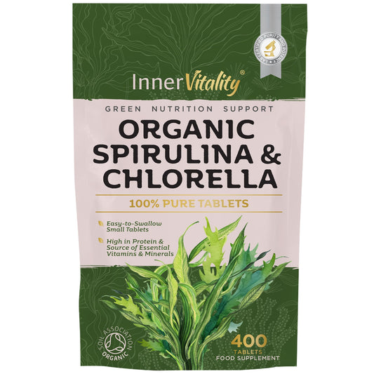 Organic Spirulina & Chlorella 400 Easy to Swallow Tablets - Natural Vitamins & Minerals - Broken Cell Wall, Pure 2000mg Daily Dose Supplement by Inner Vitality