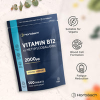 Horbäach Vitamin B12 Tablets High Strength 2000ug | 500 Vegan Tablets | Methylcobalamin | by Horbaach
