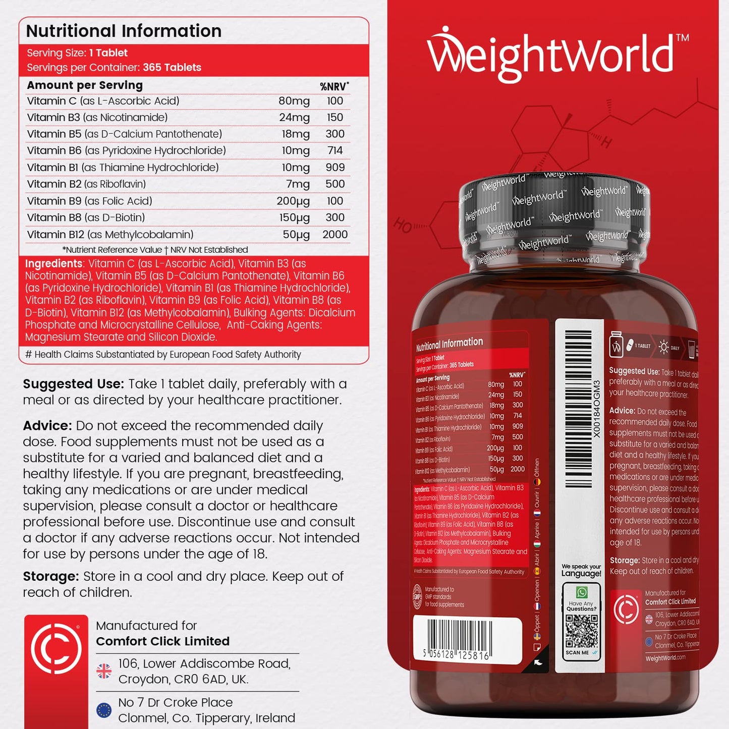 Vitamin B Complex High Strength - 365 Vegan Tablets (1 Year Supply) - Blend of 8 B Vitamins & Vitamin C - One A Day - No Fillers - Folic Acid, Biotin, B1, B2, B3, B5, B6, Vitamin B12 Supplement