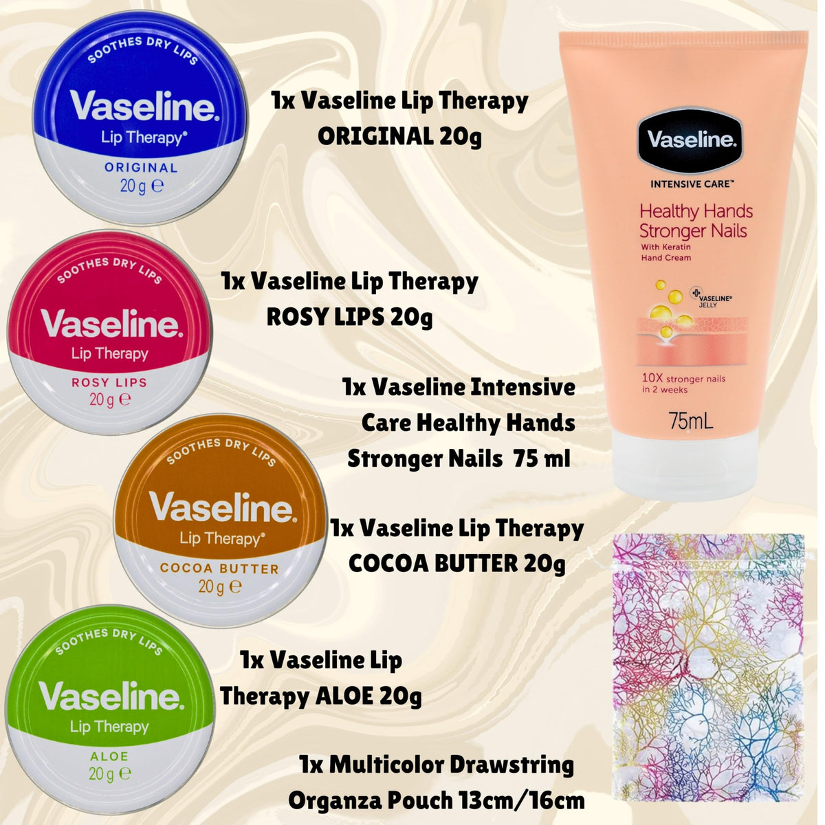 Lip Balm Bundle with Lip Therapy 4 x 20g (Original, Rosy Lips, Cocoa Butter, Aloe) Lip Balm Set and 1 x Hand Cream 75g with Glameno Drawstring Organza Bag