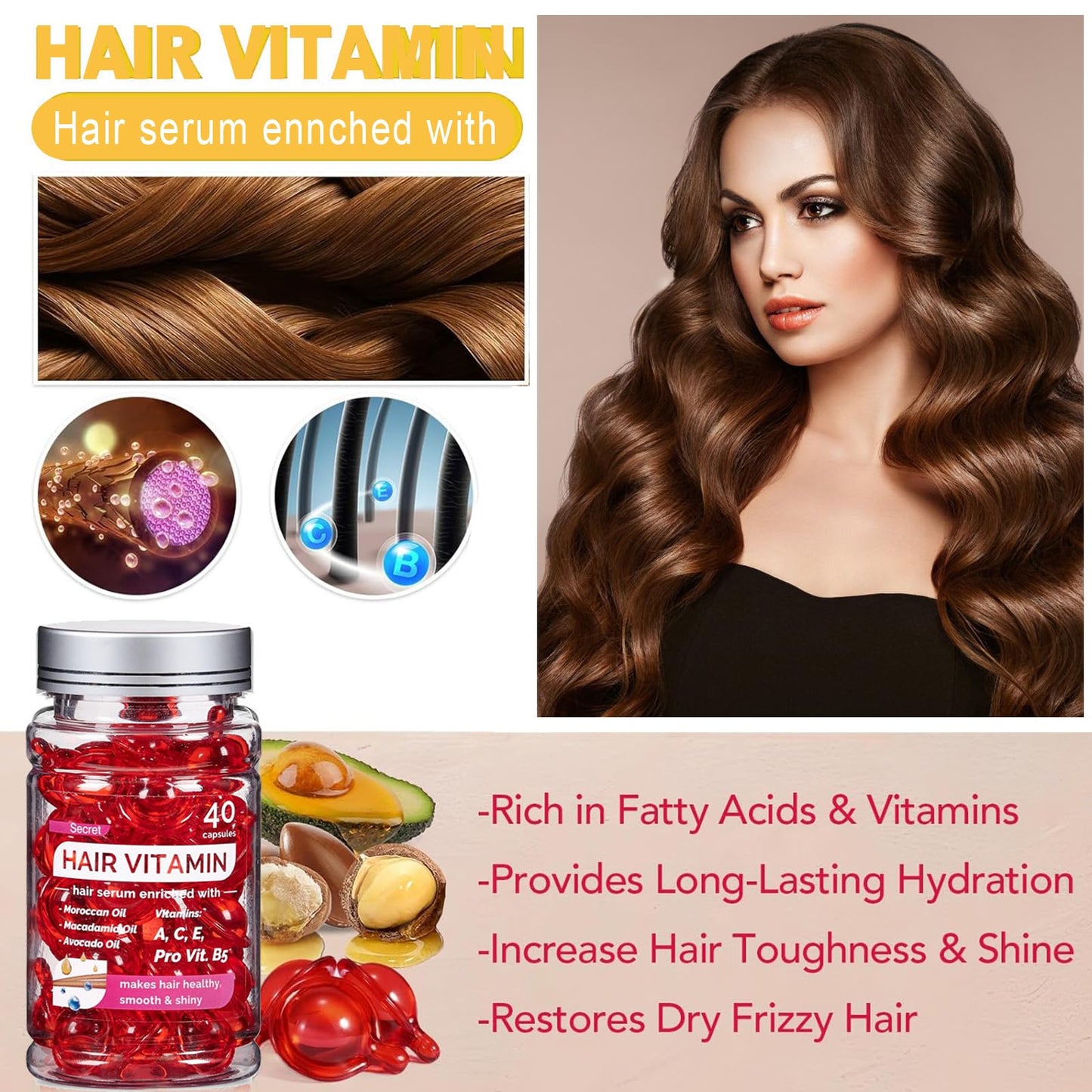 ZhongShuang 40 Pcs Hair Vitamin Serum Capsule Hair Vitamins Hair Serum, Enriched with Moroccan Oil, Macadamia Oil, Avocado Oil Makes Hair Smooth and Shiny