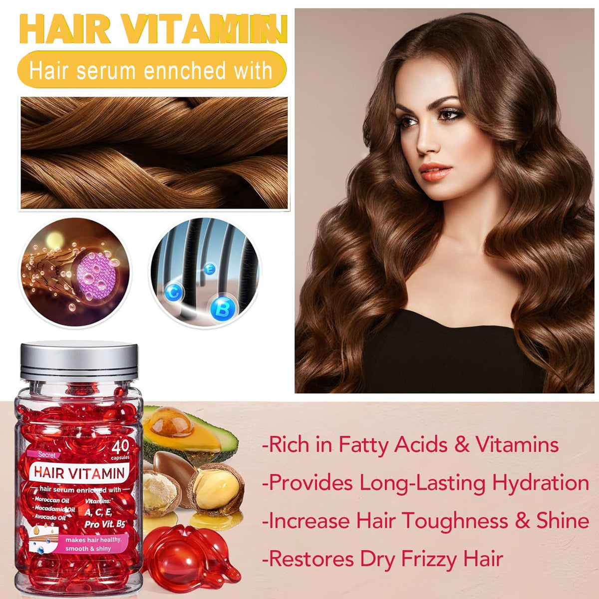 ZhongShuang 40 Pcs Hair Vitamin Serum Capsules Enriched With Moroccan, Macadamia, and Avocado Oil - Makes Hair Smooth and Shiny