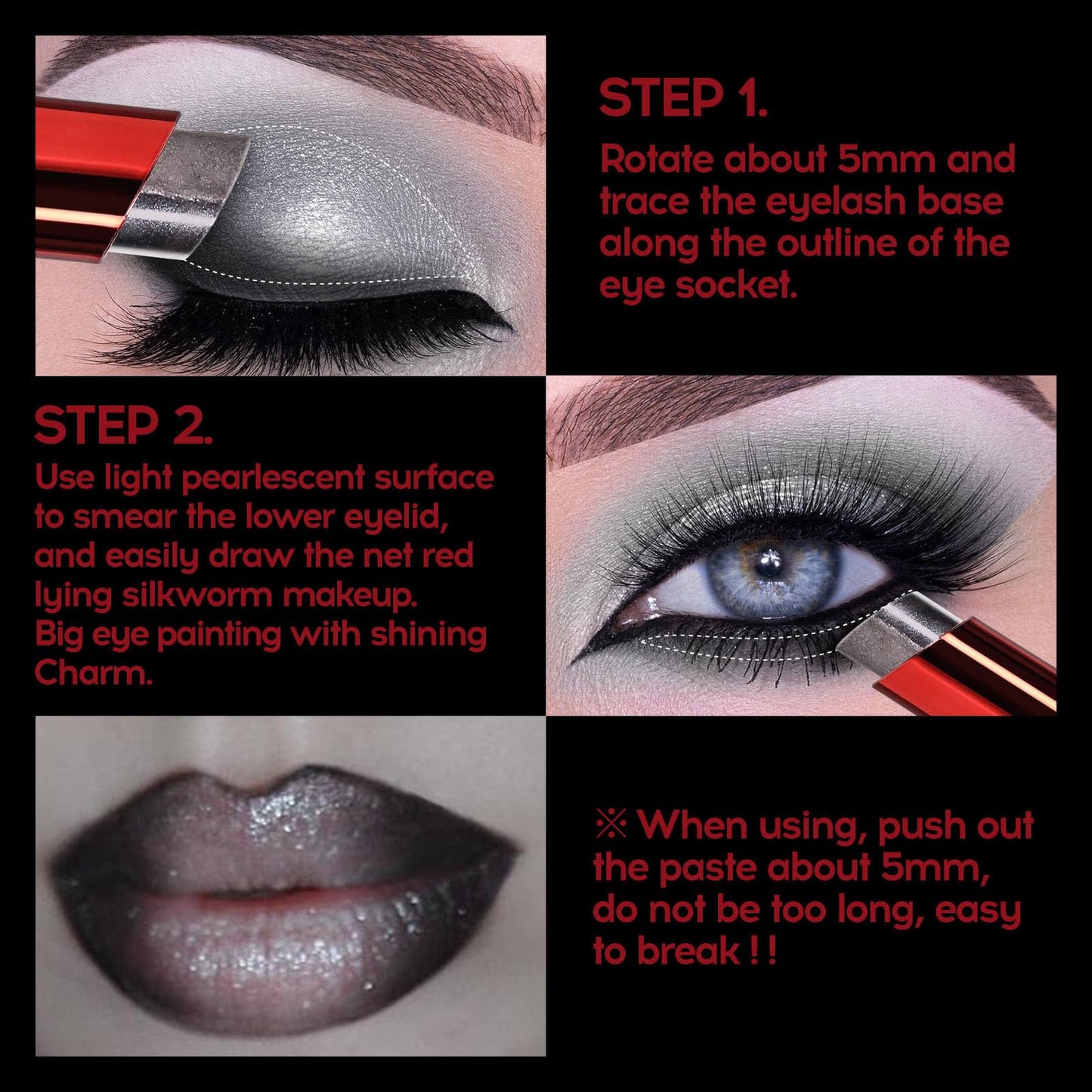 QUIWEN Black Eyeshadow Stick, 2 Colours Black Silver Shimmer Cream Eyeshadow Stick, Black & Silver Shimmer Eyeshadow Lipstick 2 IN 1, Long Lasting Highly Pigmented Shimmer Black Lipstick Eyeshadow Pencil