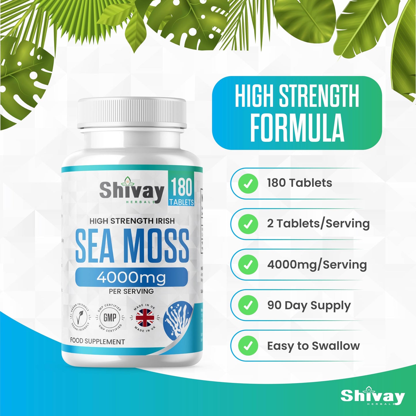 Sea Moss Extract 4000mg Per Serving | 180 Vegan Tablets - 90 Day Supply | High Strength Irish Sea Moss | Made in The UK by Shivay Herbals