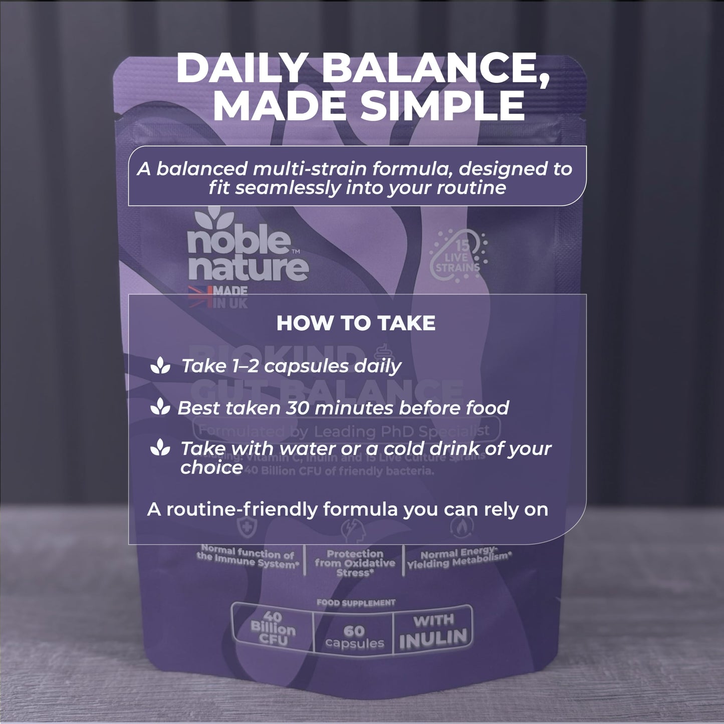 NobleNature Noble Nature Biokind Gut Balance – 40 Billion CFU Friendly Bacteria - Bio Cultures Complex - 15 Strains - Lactobacillus & Bifidobacterium for Gut, Immune & Digestive Health with Inulin & Vitamin C