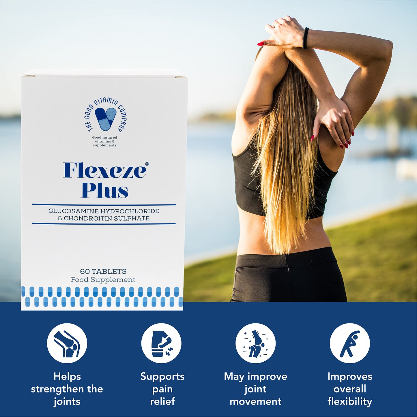 Flexeze Plus: 60 Tablets (1 Month Supply) - Advanced Nutritional Bone and Joint Care Supplement, Contains Glucosamine HCL (1324mg) and Chondroitin Sulphate (360mg), Made in UK by Good Vitamin Company