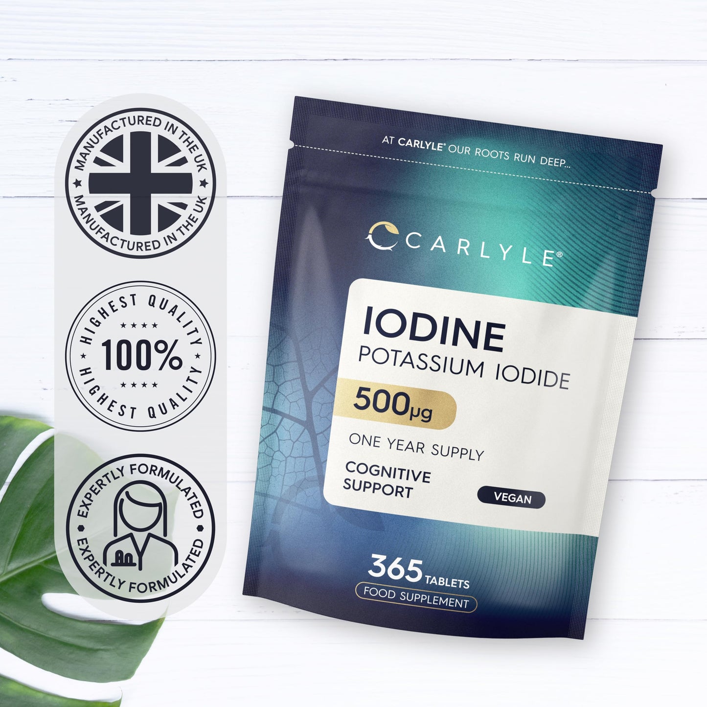 Iodine Tablets 500mcg | 365 Vegan Tablets - 1 Year Supply | High Strength Potassium Iodide Supplement | Trace Mineral | Carlyle