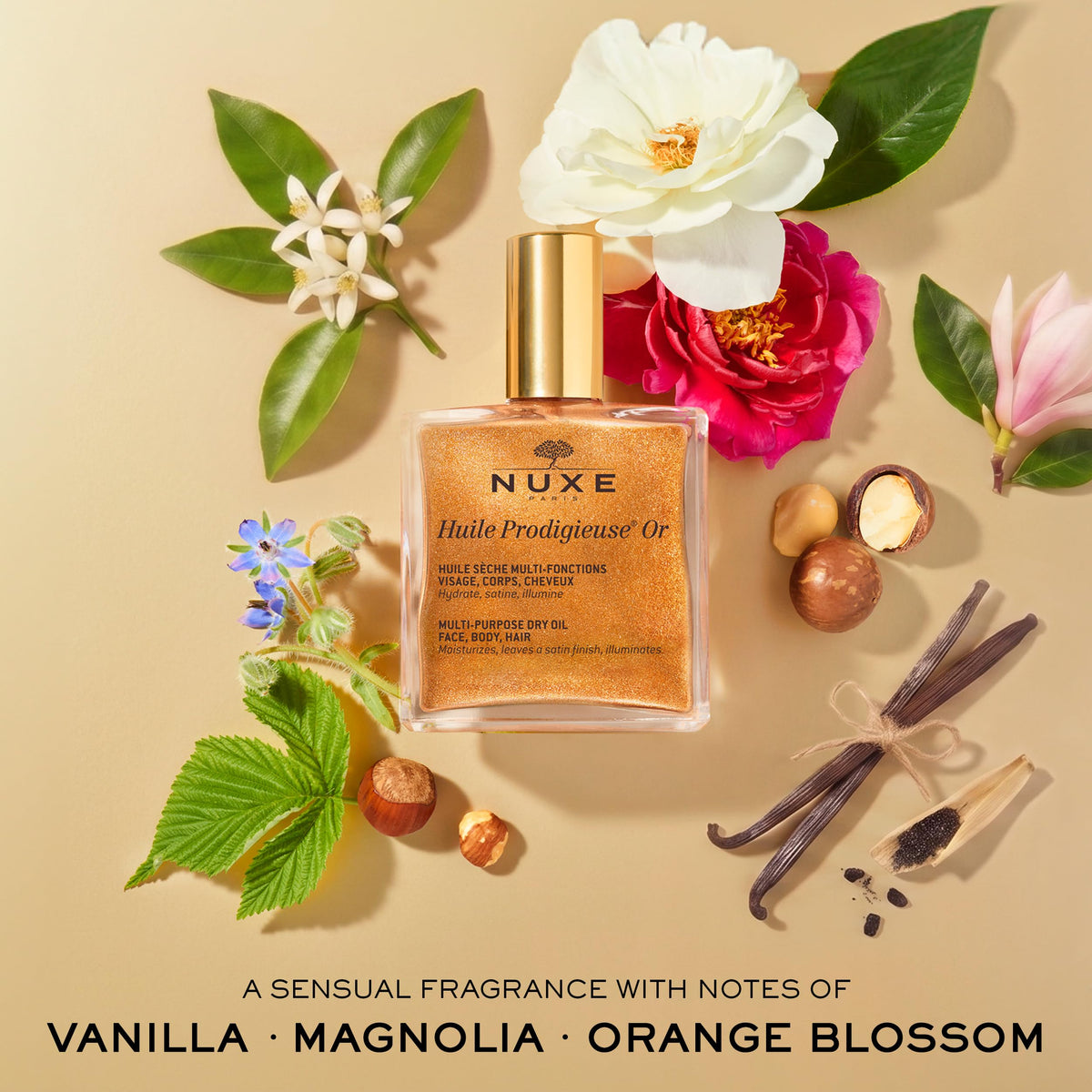 Nuxe Huile Prodigieuse Shimmering Dry Oil 50ml, Gold-Flecked Dry Oil, Illuminates & Softens Face, Body & Hair, Multi-Purpose Nourishment, Vegan Formula
