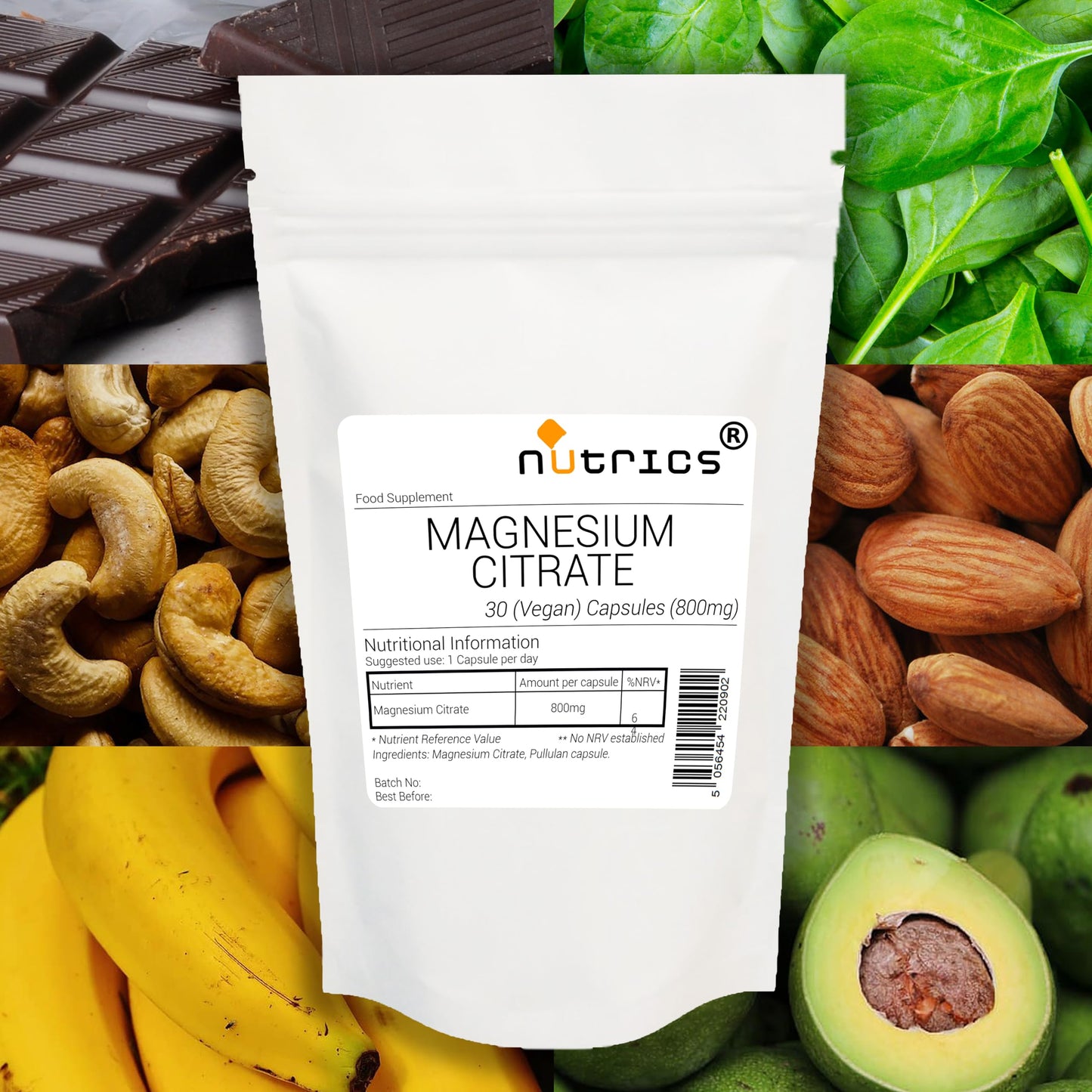 Nutrics® 800mg Magnesium Citrate - One A Day Strong Safe Dose 100% Pure x 30 V Capsules (1 Month Supply) - Suitable for Vegan Vegetarian Halal Kosher