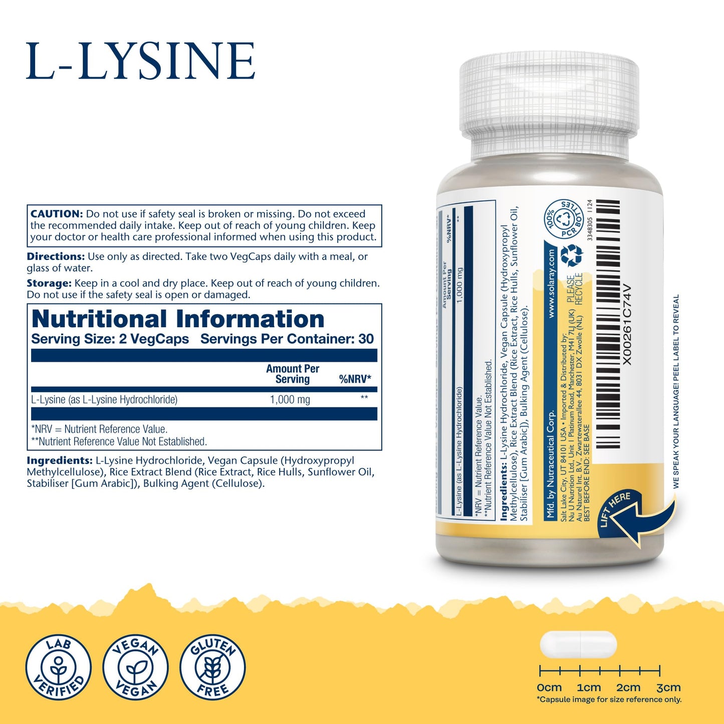 SOLARAY L-Lysine 1000mg - 60 Vegan Capsules not Powder - Double Strength l Lysine - Amino Acid Supplement - Non GMO & Lab Verified - Solaray