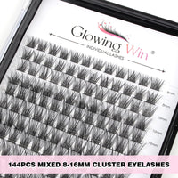 Glowing Win Individual Lashes DIY Lash Extensions Kit with Lash Bond&Seal and Tweezers 144PCS Cluster Lashes Set Reusable False Eyelash Extensions Natural Look Mix 8-16mm C D Curl Strip Eye Lashes