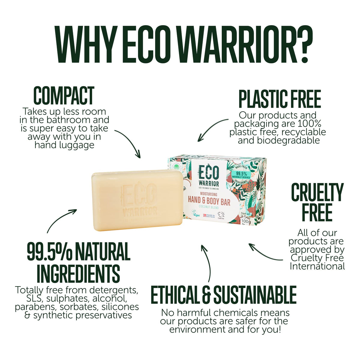 Little Soap Company Eco Warrior Moisturising Body & Hand Soap Bar | Vegan, Natural, Cruelty Free, Eco Friendly, Plant Based | No SLS or Parabens | Richly Nourishing Coconut Blend made from Vanilla Essential Oils | 100g