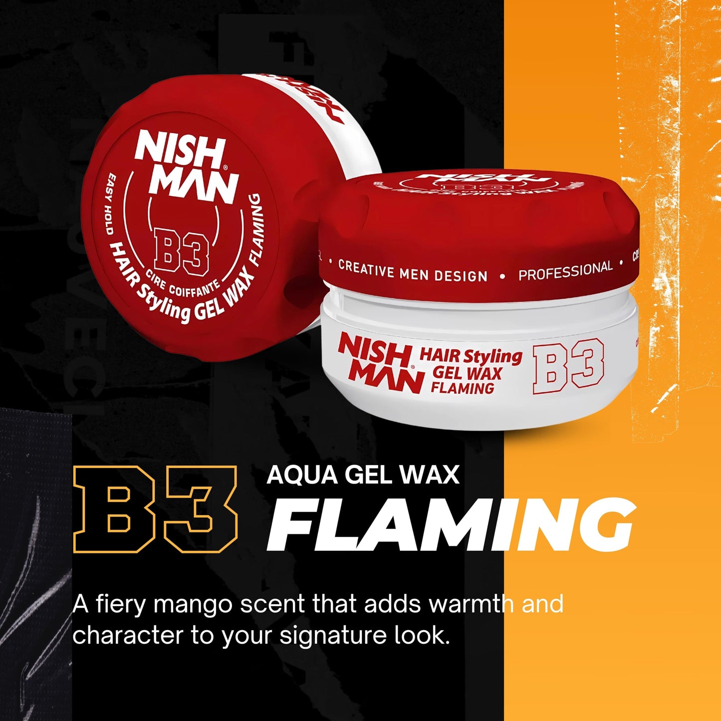 nishman NISHMAN Aqua Gel Wax for Men B3 - Flaming 150g - Mango Scent - Natural Shine Look - Ultra High Strong Hold - Long-Lasting Control and Definition