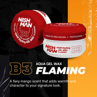 nishman NISHMAN Aqua Gel Wax for Men B3 - Flaming 150g - Mango Scent - Natural Shine Look - Ultra High Strong Hold - Long-Lasting Control and Definition