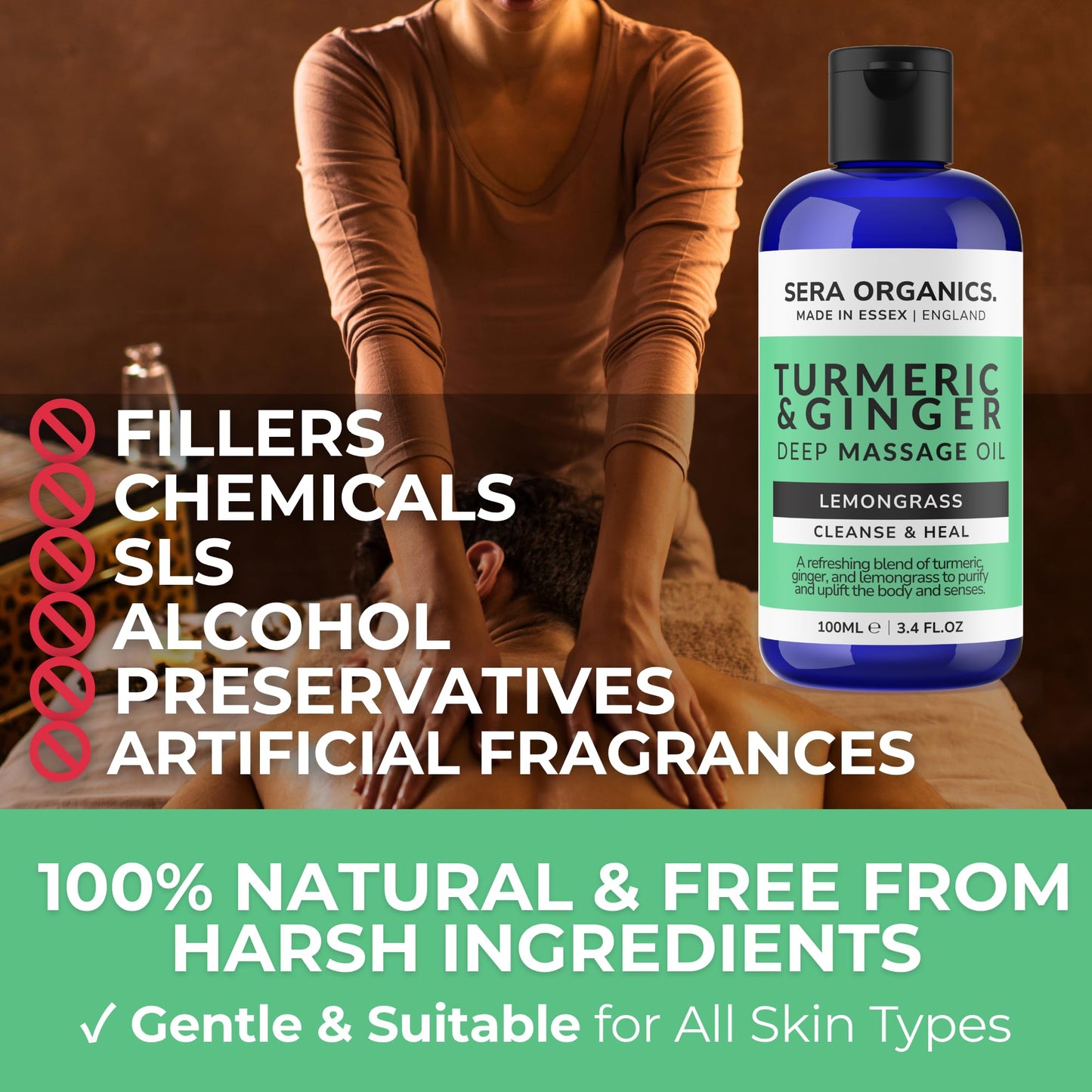 Turmeric Massage Oil - Arthritis Relief & Muscle Pain | Anti-Inflammatory, Lymphatic Drainage, Joint & Nerve Soothing, Sleep Support | Ginger & Lemongrass for Deep Tissue Massage | Sera Organics 100ml