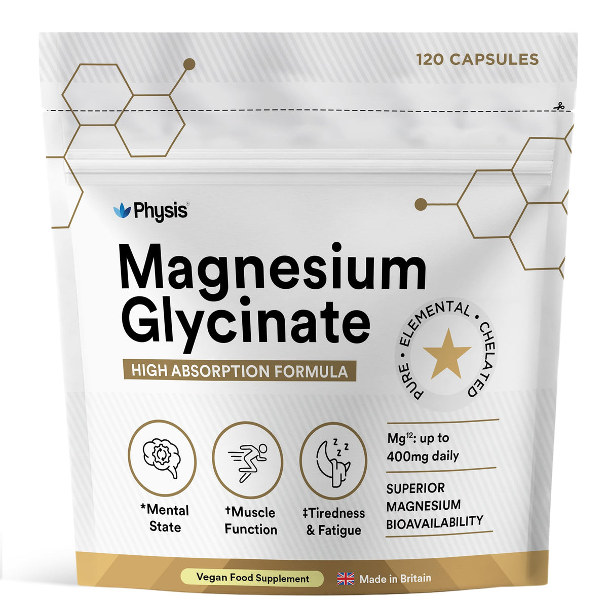 Physis Magnesium Glycinate 400mg | High Strength Elemental for Sleep, Mind & Muscle | Vegan Chelated Magnesium Bisglycinate | Bioavailable | Non-Laxative Natural Mineral | 120 x Magnesium Capsules