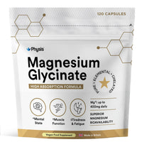 Physis Magnesium Glycinate 400mg | High Strength Elemental for Sleep, Mind & Muscle | Vegan Chelated Magnesium Bisglycinate | Bioavailable | Non-Laxative Natural Mineral | 120 x Magnesium Capsules