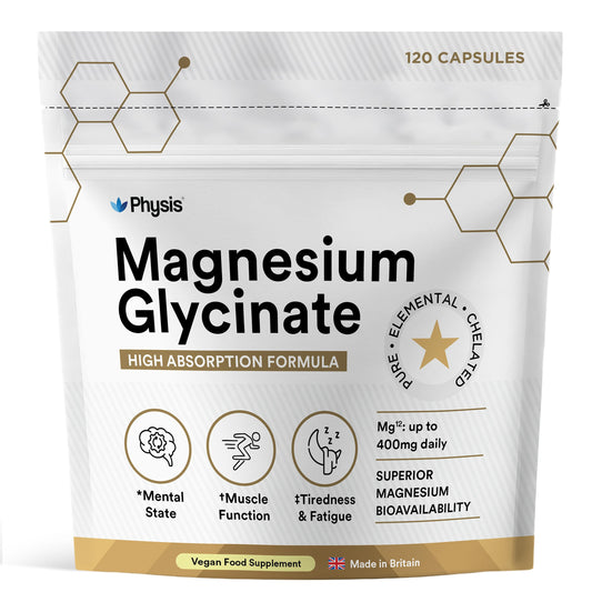 Physis Magnesium Glycinate 400mg | High Strength Elemental for Sleep, Mind & Muscle | Vegan Chelated Magnesium Bisglycinate | Bioavailable | Non-Laxative Natural Mineral | 120 x Magnesium Capsules
