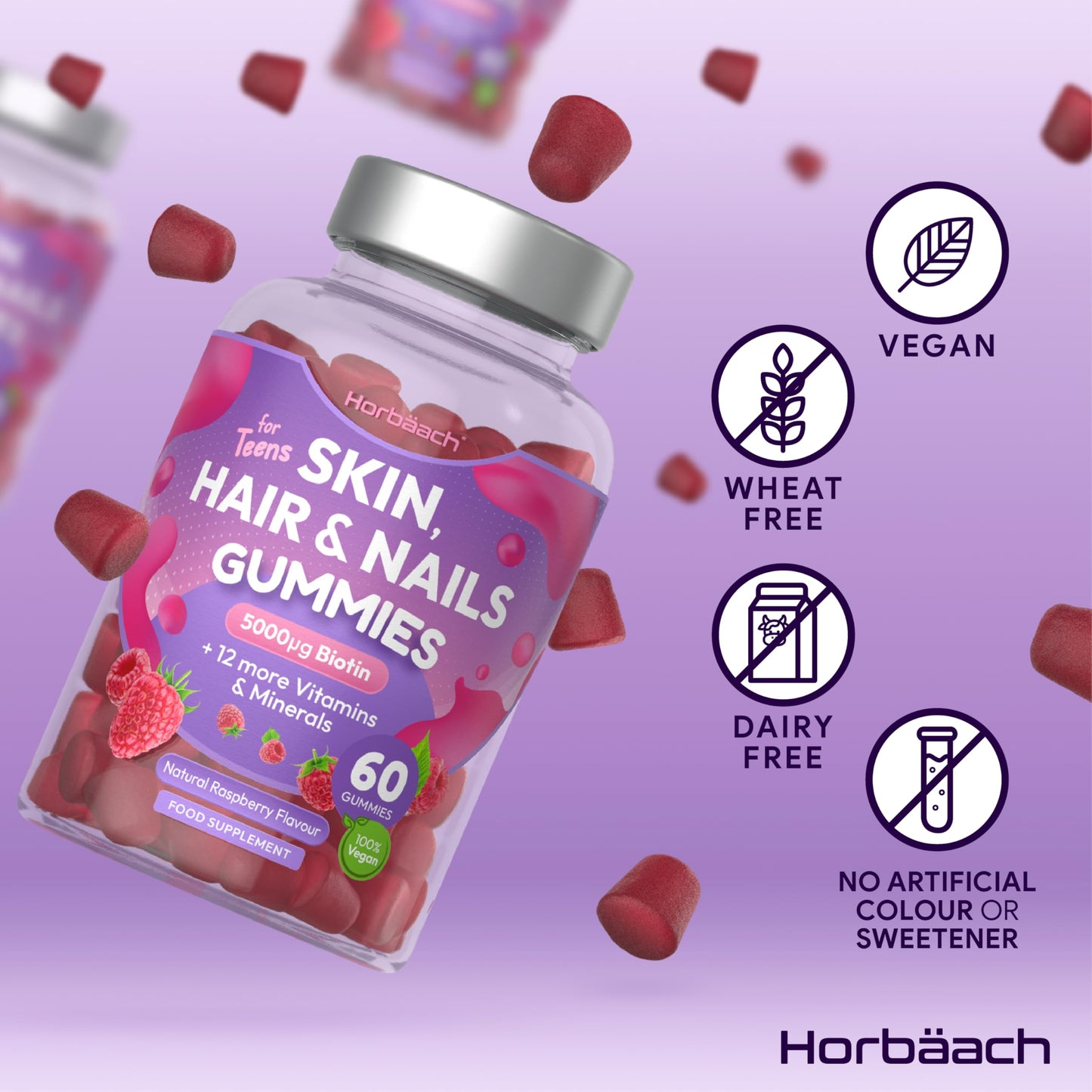 Horbäach Skin Hair and Nail Vitamin Gummies for Teens | 60 Count | Natural Raspberry Flavour | 5000ug of Biotin with 12 More Vitamins and Minerals | Vegan Food Supplement | by Horbaach