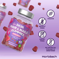 Horbäach Skin Hair and Nail Vitamin Gummies for Teens | 60 Count | Natural Raspberry Flavour | 5000ug of Biotin with 12 More Vitamins and Minerals | Vegan Food Supplement | by Horbaach
