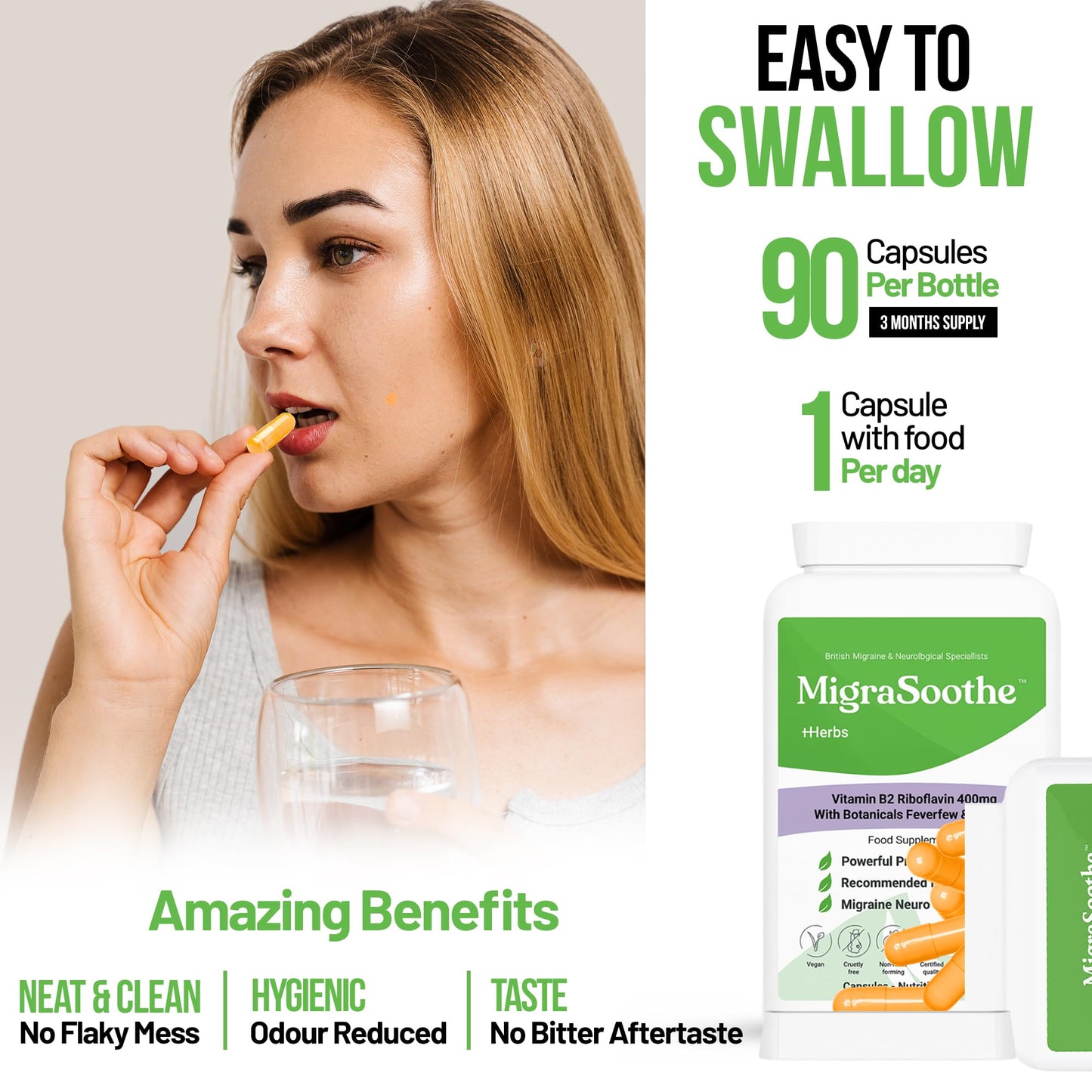 Bespoke Biotics Migraine Relief Feverfew + Ginger + Vitamin B2 Riboflavin 400mg per Capsule - Migrasoothe + Herbs NHS Recommended Ingredients UK Made Stress, Headaches Tremors & Energy Vegan. Vitamin B2 400 [60]