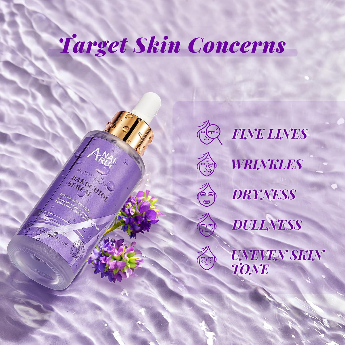 ANAI RUI ANAiRUi Christmas Gifts Bakuchiol Serum 50ml, Retinol Alternative Face Serum for Face and Neck, Hydrating, Smoothing, Anti Aging, with Hyaluronic Acid & Peptide
