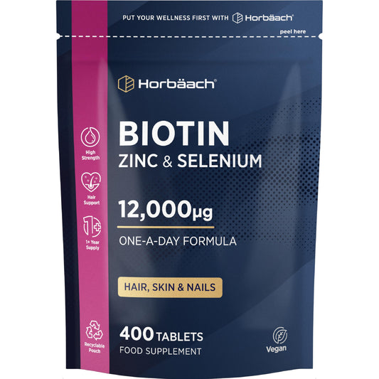 Horbäach Biotin Hair Growth Tablets 12000mcg | 1 Year+ Supply | 400 Vegan Tablets | Supplements for Hair, Skin and Nails | Biotin (B7), Zinc & Selenium Complex | by Horbaach