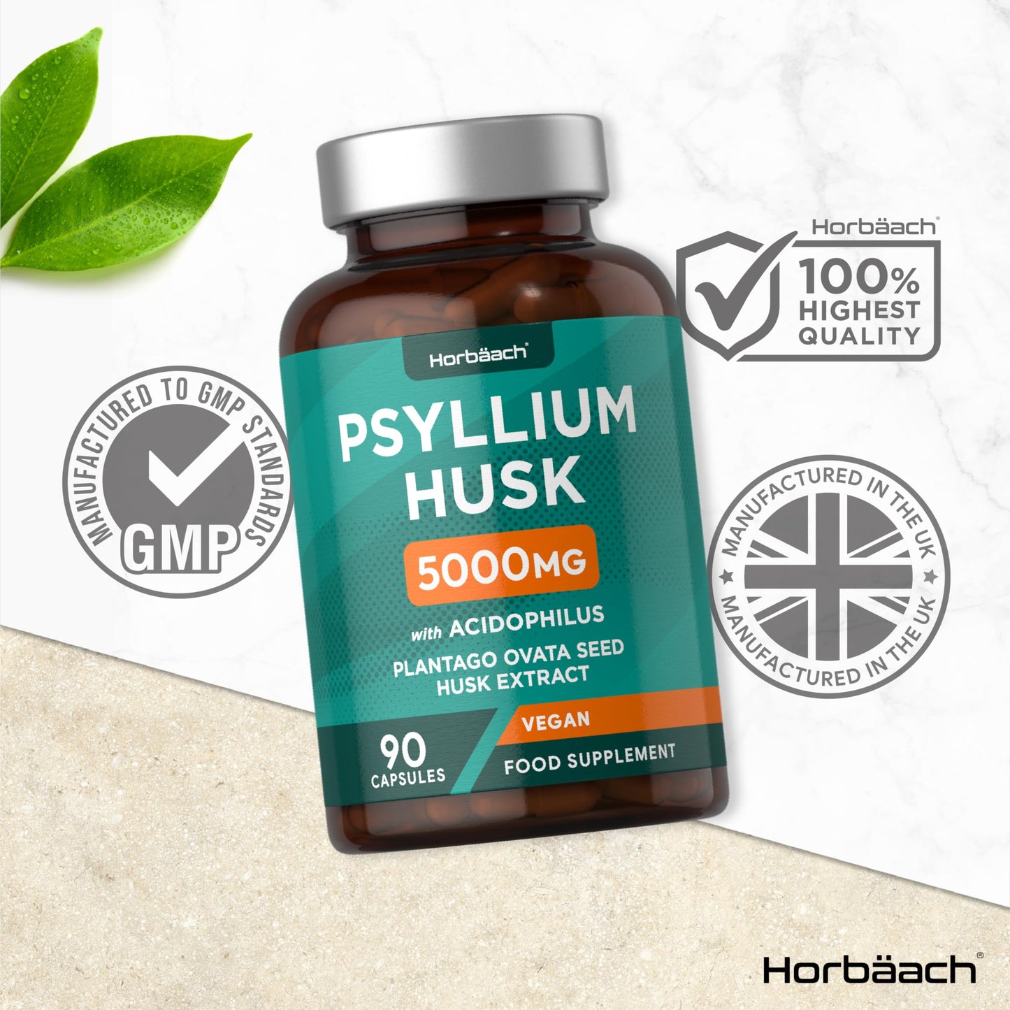 Psyllium Husks Capsules with Probiotic 5000mg | Fibre Supplement with Acidophilus Probiotic 2 Million CFU | Plantago Ovata Natural Extract | 90 Vegan Capsules | by Horbaach
