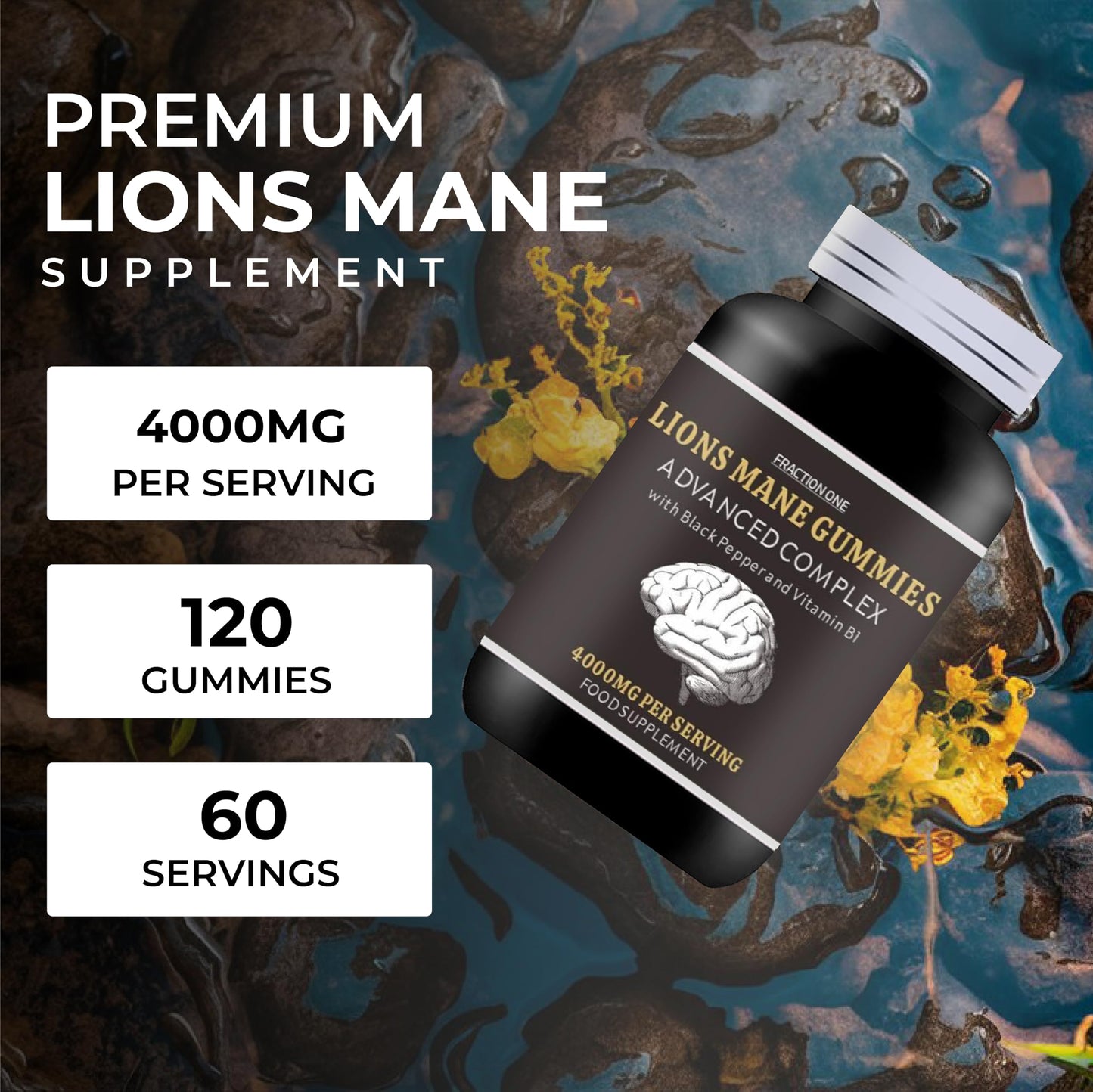 Fraction One Lions Mane Mushroom Gummies 4000mg - 120 Gummies - 60 Servings - Lions Mane Extract 15:1, Black Pepper, Bioperine Extract 10:1 & Vitamin B1 - Brain Supplement - Alternative to Lions Mane Powder