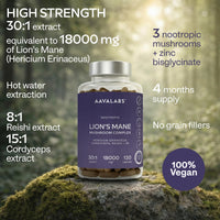 AAVALABS Lions Mane Supplement-18,000mg (30:1 Extract)+Zinc, Reishi & Cordyceps-3 Mushrooms Herbal supplements -Nootropic Complex Lion's Mane Mushroom Supplement-120 Lion's Mane Capsules(Not Lions Mane Powder)