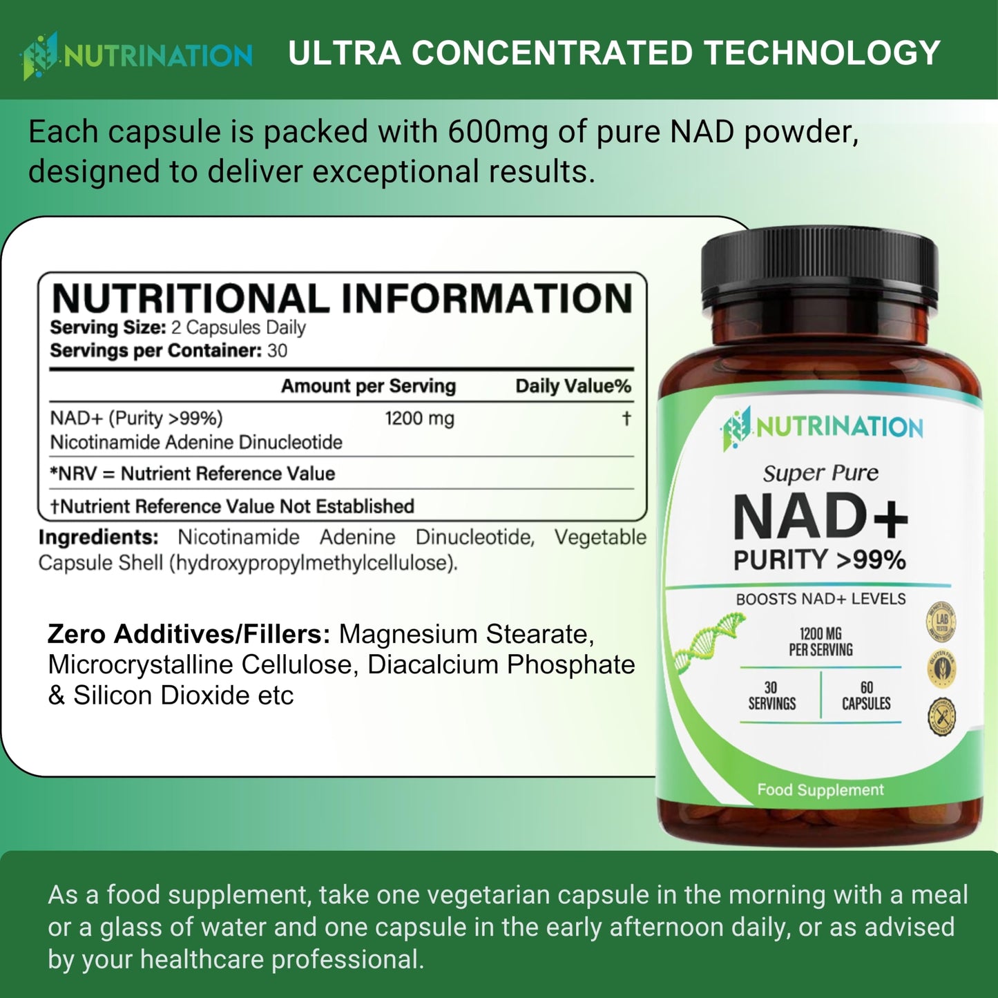 NUTRINATION NAD Supplements UK 1200mg | Super Pure 99.5% Nicotinamide Adenine Dinucleotide | 60 High-Strength Capsules | NAD+ Supplement for Anti-Aging, Boost Energy Levels & Cellular Health | Vegan & Non-GMO