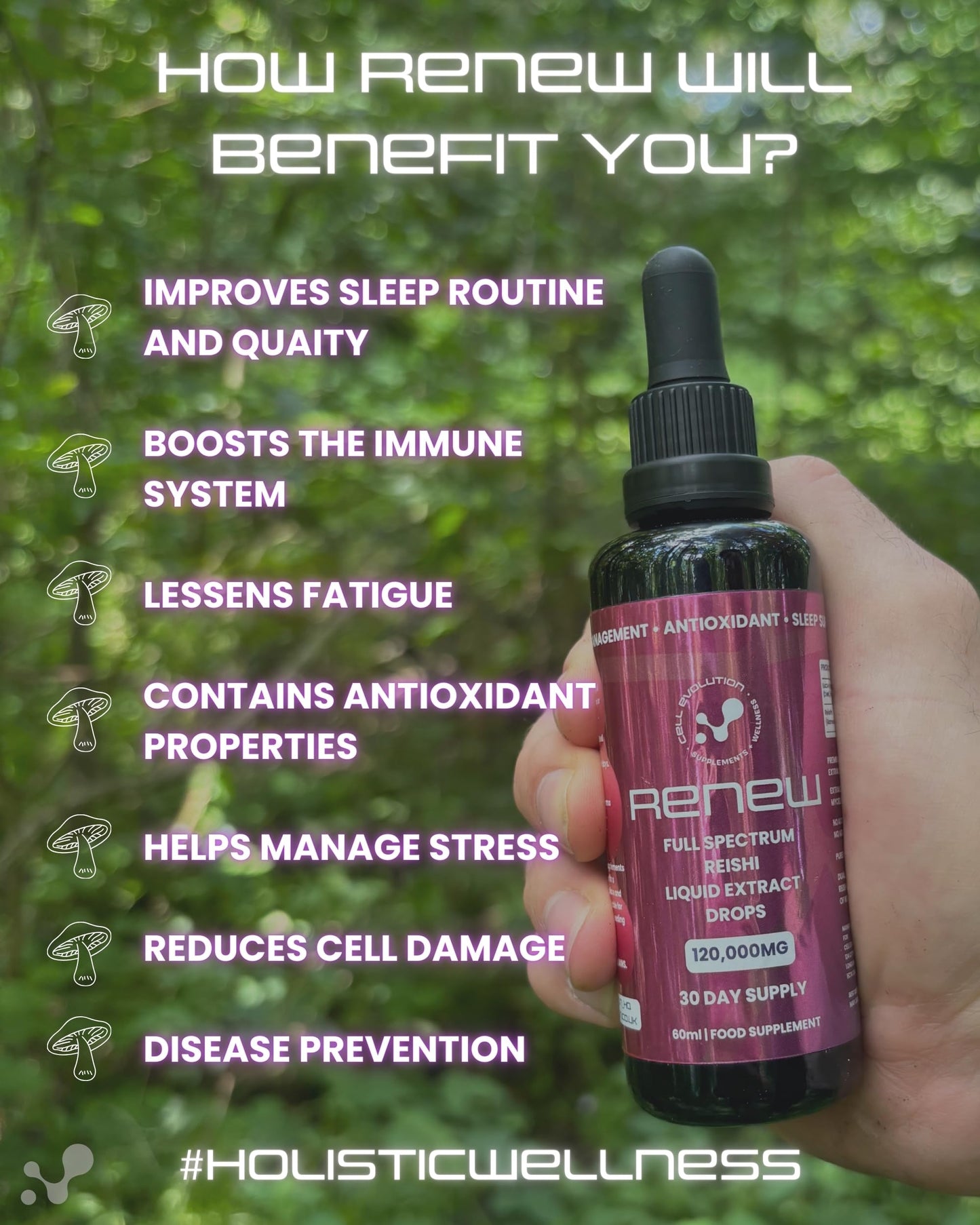 Cell Evolution Reishi Full Spectrum Liquid Mushroom Drops Supplement, Super Strength 120,000mg (20:1), Sleep Support & Stress Management, Natural & Suitable for Vegans & Vegetarians